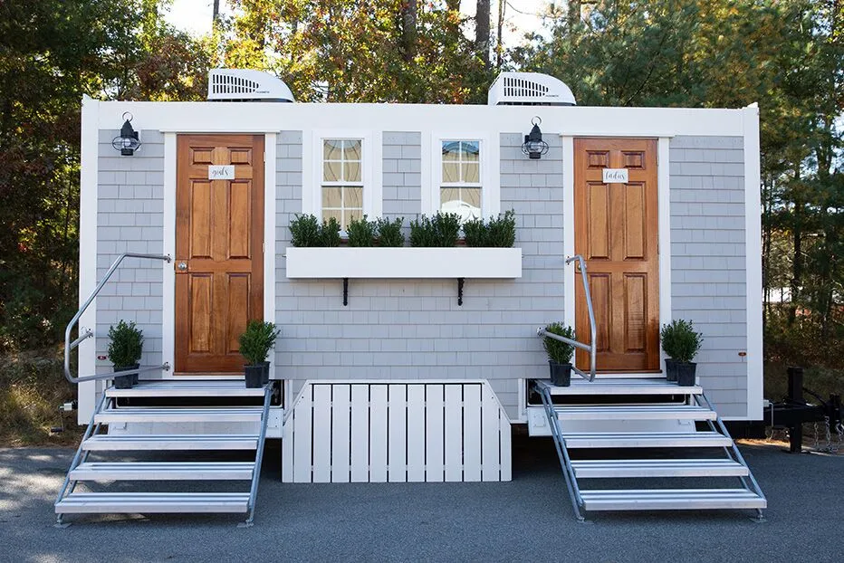 Wedding restroom units discretely staged at a venue in Kenly, North Carolina